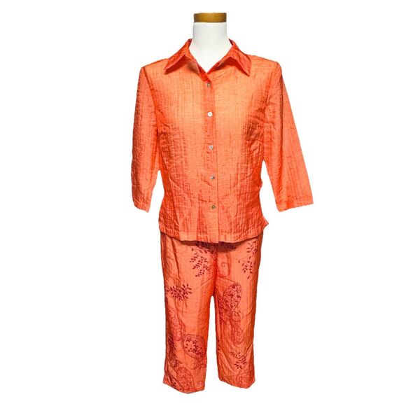 Vintage Central Falls USA Made 2 Pc Pants Blouse Outfit Y2K Orange Sheer Overlay - Picture 1 of 11